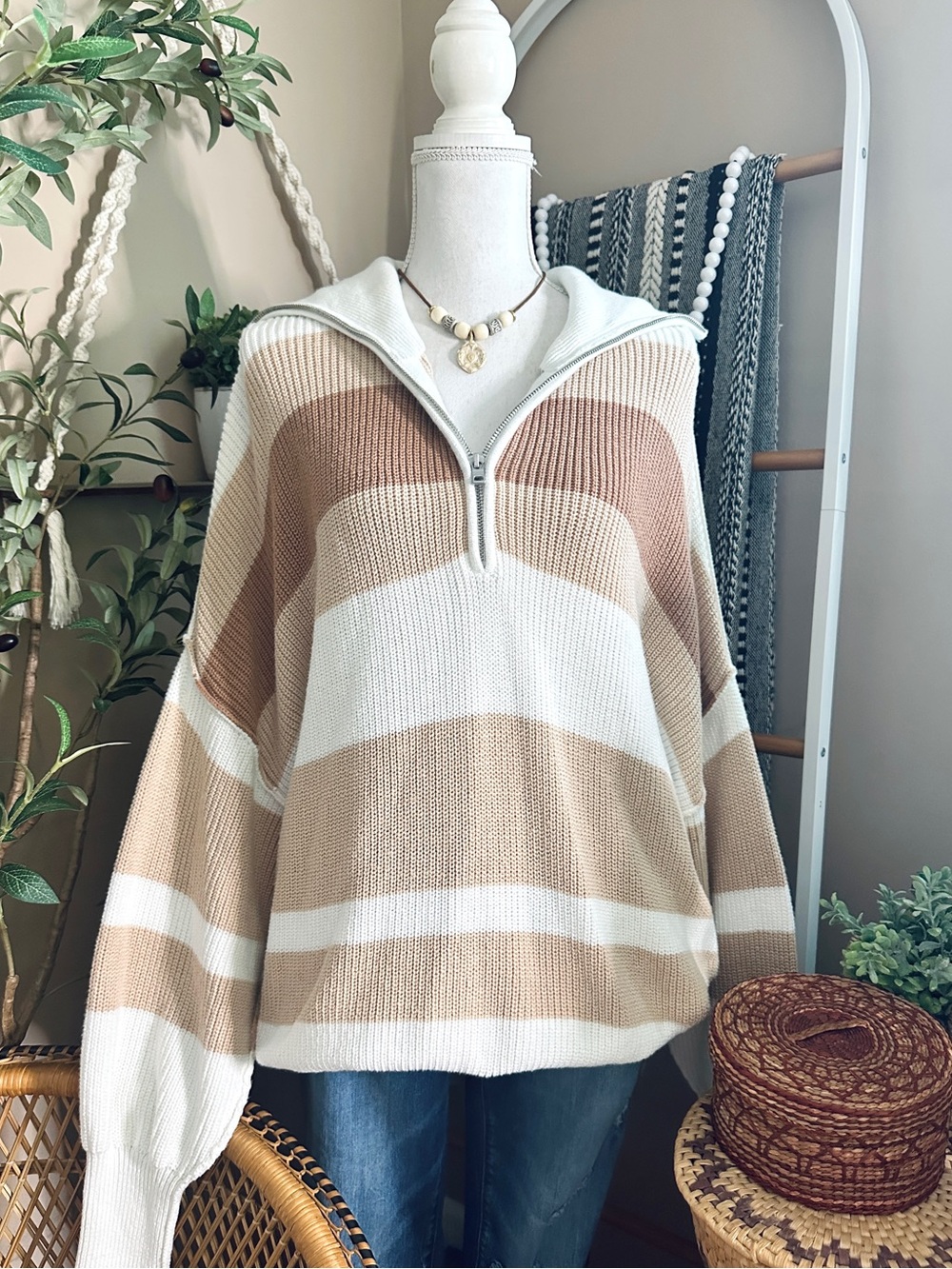 Aerie Oversized Striped Quarter Zip Chunky Knit Sweater Large
